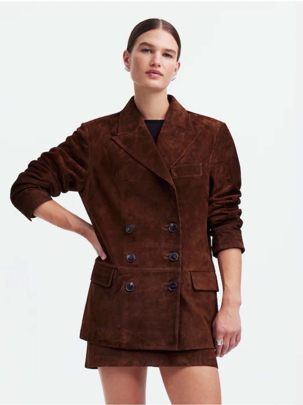 Madewell x Alexa Chung Double-Breasted Suede Blazer in Chocolate Brown